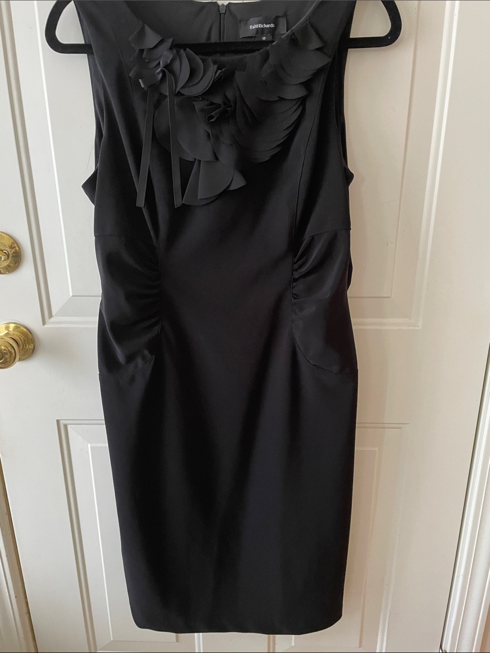 R & M Richards Black Sleeveless Midi Dress with Ruffle Neck Evening Event